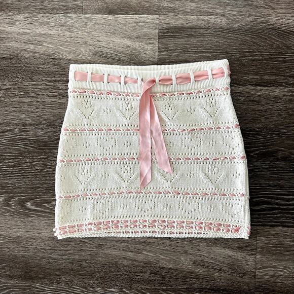 NWOT Bernadette Nina Heart Pointelle Knit Mini Skirt White Pink Ribbon Trim Lace - Picture 7 of 15